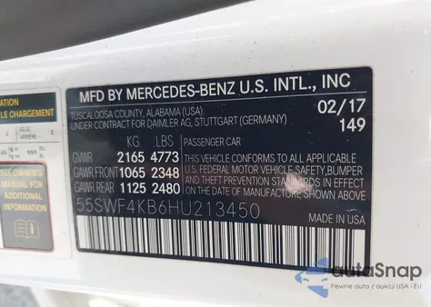 2017 Mercedes-Benz C 300 from USA, damaged, VIN 55SWF4KB6HU213450